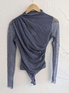 Free People NWT Prep Peri Ruched Mesh Long Sleeve Bodysuit Blue Size Small